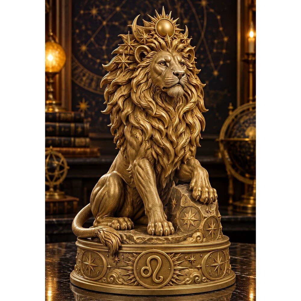 Gold-Tone Lio Figurine Zodiac Sculpture – 3D Printed Resin Sculpture 7 in